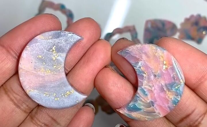 how to make rose quartz polymer clay earrings, Polymer clay moons