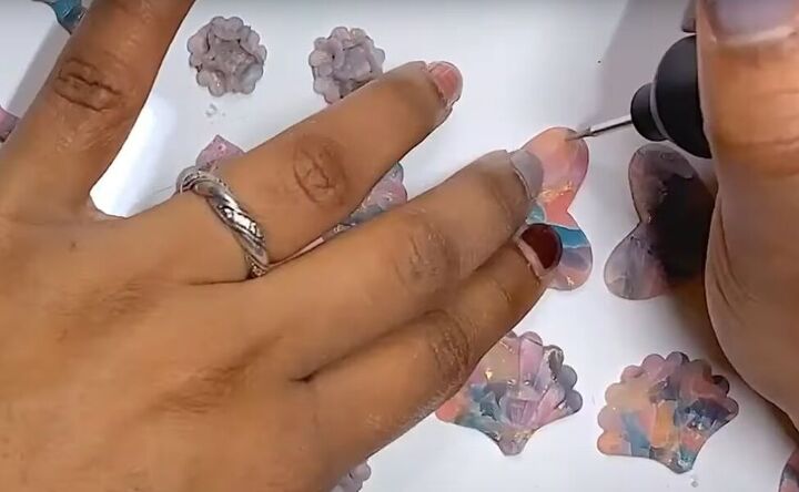 how to make rose quartz polymer clay earrings, Sanding and drilling