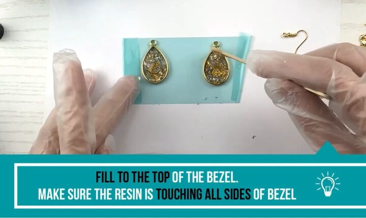 how to diy cute uv resin earrings, Pouring resin into the bezels