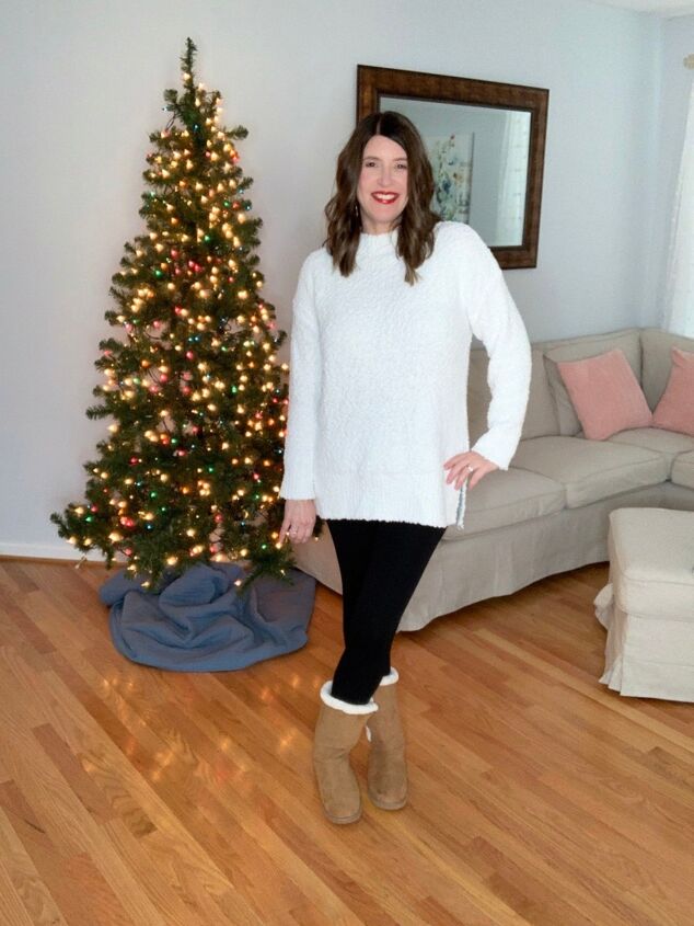 what to wear if you are staying home for christmas, White Sweater and Leggings Winter Outfit Idea from The Scarlet Lily Blog