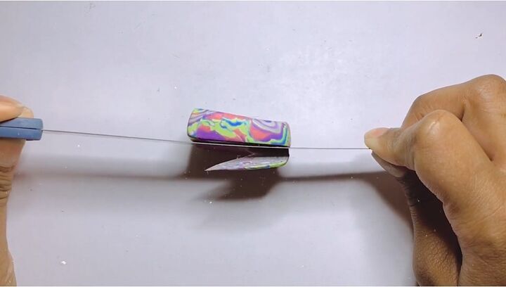 how to make polymer clay mokume gane earrings, Slicing the clay