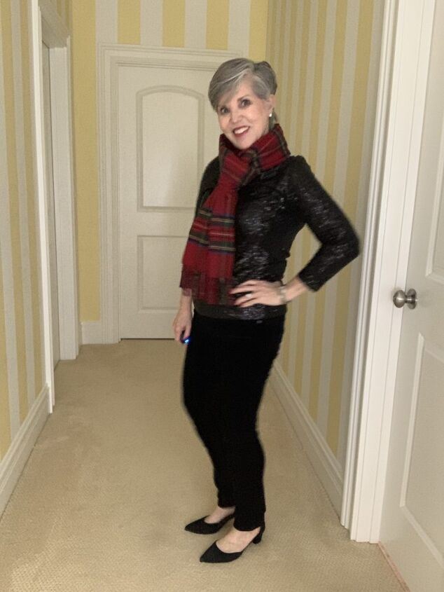 five new year s eve outfits, New Year s Eve Outfits Black velvet jeans and a black sparkly top with a tartan plaid scarf