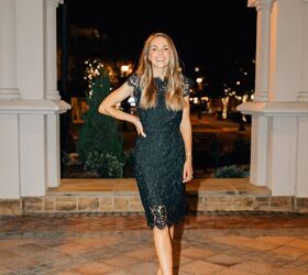 holiday style guide formal holiday outfits, black lace dress with green shoes