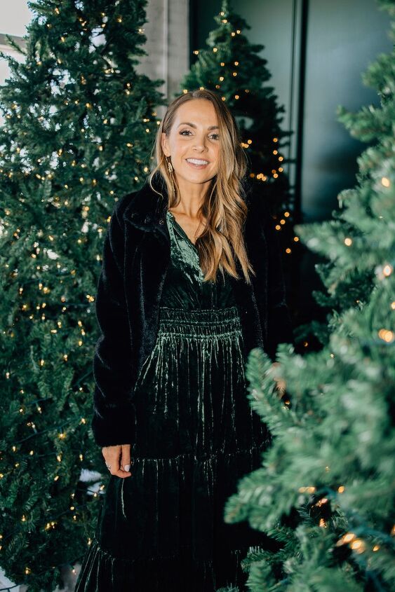 holiday style guide formal holiday outfits, velvet dress anthropologie somerset and black fur jacket