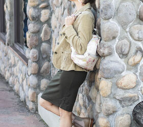 Corduroy jacket with olive green skirt