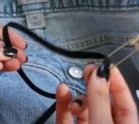 testing out a quick hack for jeans that are too big, Attaching safety pin to elastic