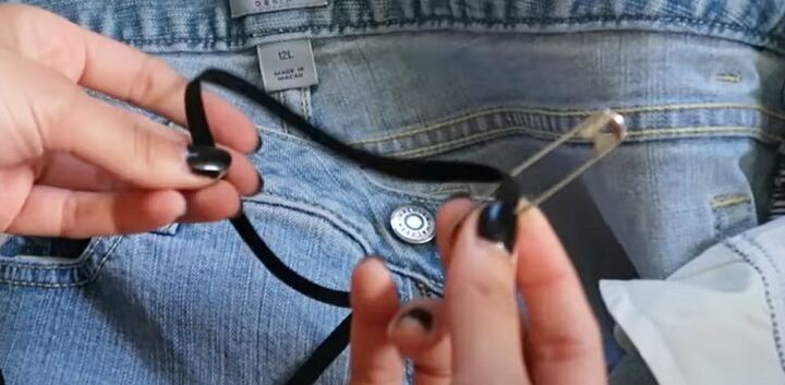 testing out a quick hack for jeans that are too big, Attaching safety pin to elastic