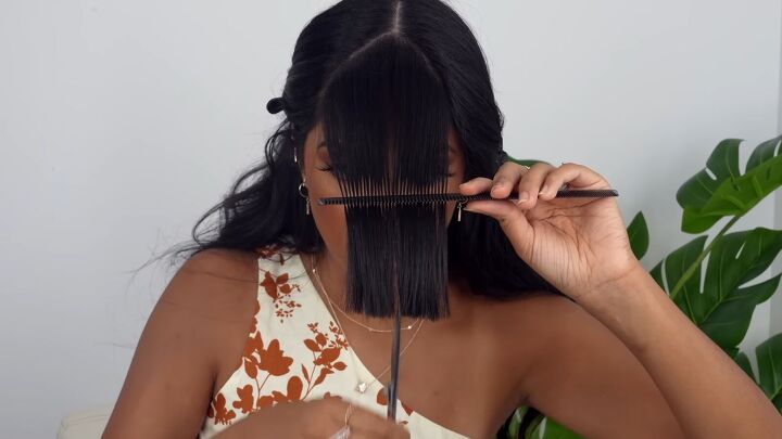 professional hair stylist tutorial how to cut trendy curtain bangs, Point cutting