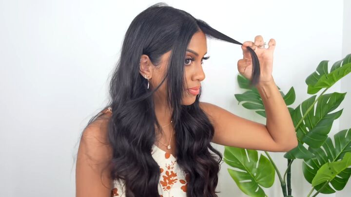 professional hair stylist tutorial how to cut trendy curtain bangs, Styling curtain bangs