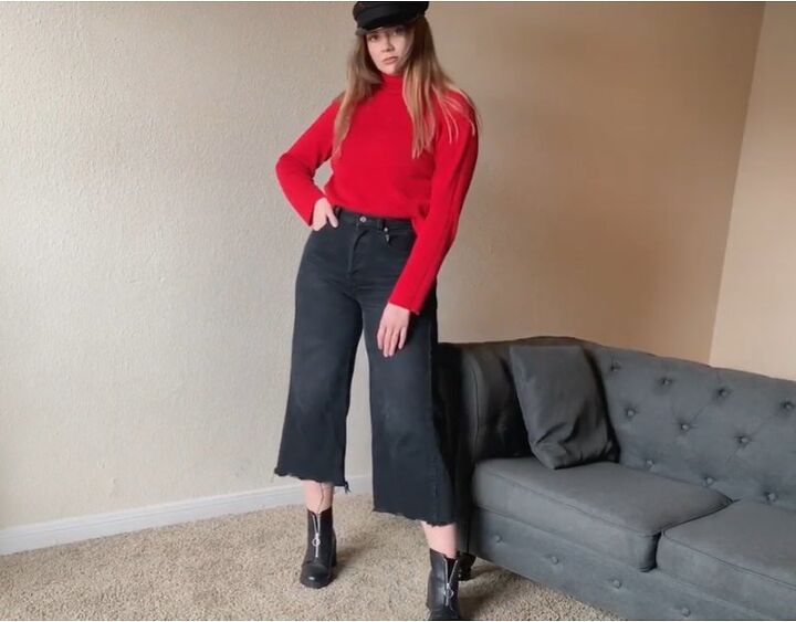 6 cute turtleneck outfit ideas, Red with black