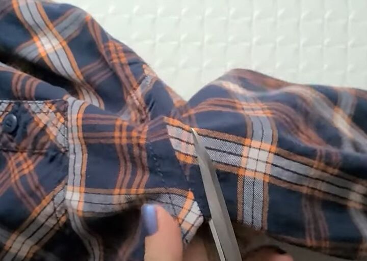 how to make a cozy upcycled flannel and sweater shirt, Removing the sleeves
