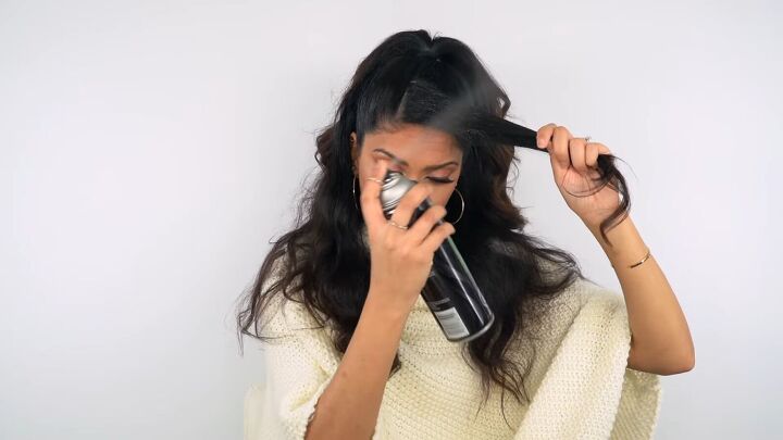 glam 10 minute half ponytail hairstyle tutorial, Adding hairspray