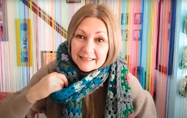 super easy thrift flip how to diy a cozy granny square scarf, How to wear your granny square scarf