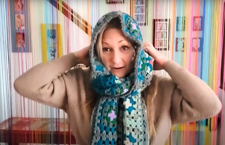 super easy thrift flip how to diy a cozy granny square scarf, How to wear your granny square scarf