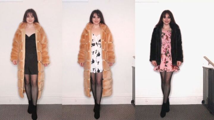 how to style a fur coat in 3 super cute ways, Mini dress with fur coat