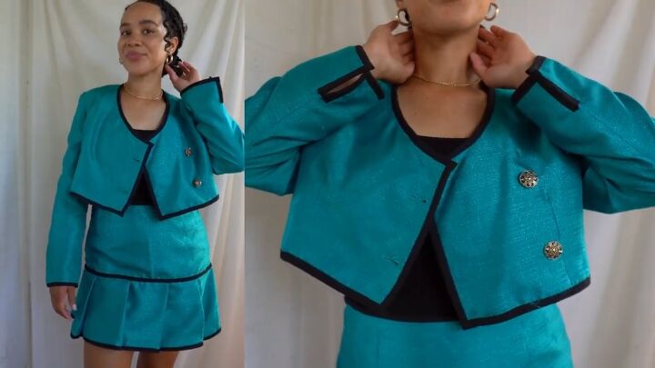 thrift flipping tutorial cute diy jacket and skirt set, Thrift flipped jacket and skirt set