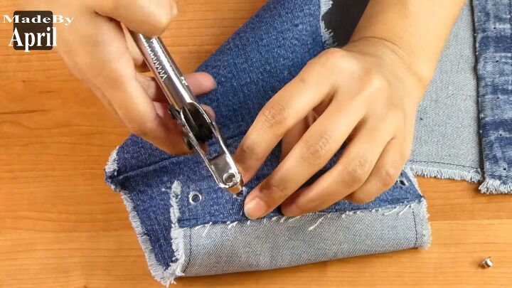 how to diy a cute denim corset belt, Adding eyelets and grommets