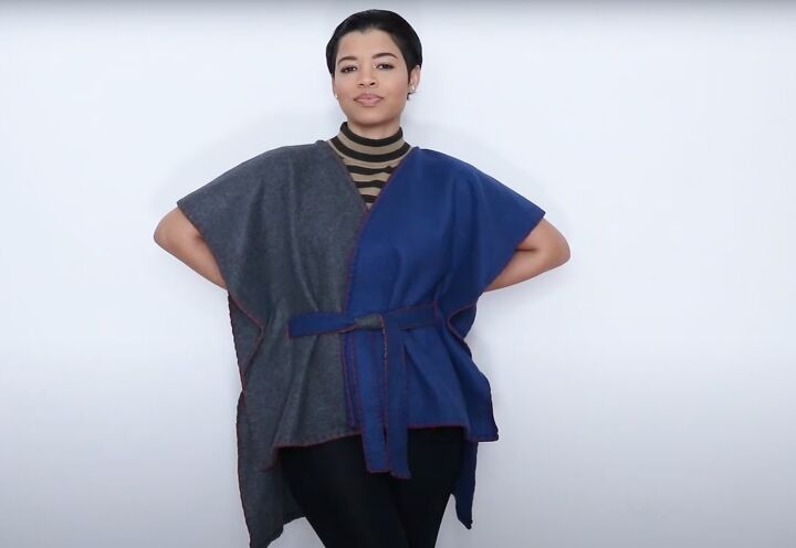how to diy a super cozy belted poncho, DIY belted poncho