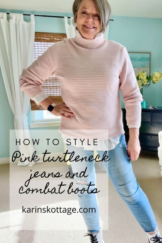 how to style pink turtleneck jeans and combat boots, How to style pink turtleneck jeans and white combat boots