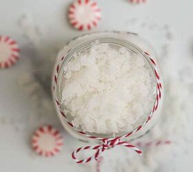 peppermint sugar scrub, photos of peppermint sugar scrub looking straight down on it in a jar surrounded by red and white peppermint candies