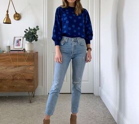 how to wear bold spring prints merrick s art, blue polka dot sweater with mom jeans and tan ankle boots