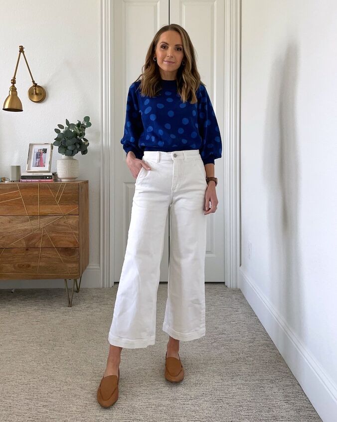 how to wear bold spring prints merrick s art, white jeans with polka dot sweater