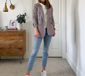 how to wear bold spring prints merrick s art, plaid blazer with white hoodie