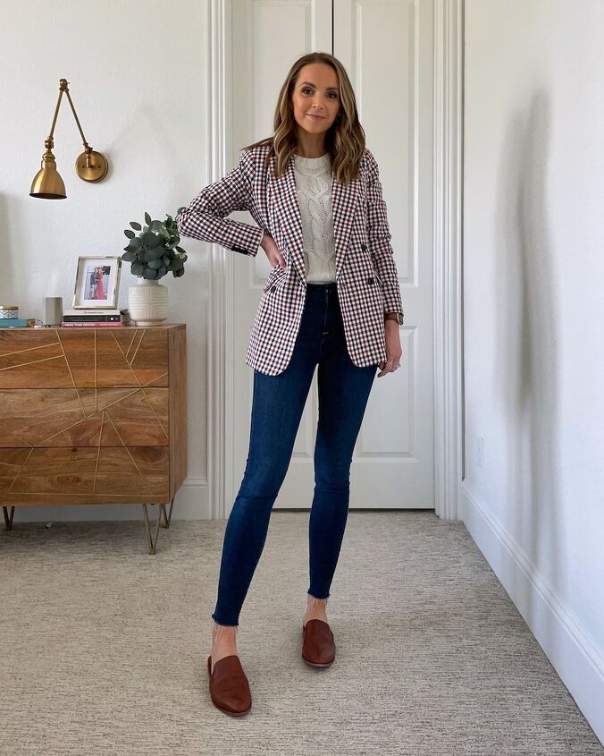 how to wear bold spring prints merrick s art, cable knit sweater with skinny jeans and plaid blazer
