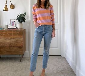 how to wear bold spring prints merrick s art, striped top sweatshirt with mom jeans