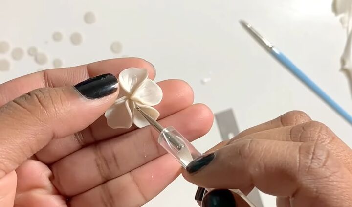 how to diy floral polymer clay hoop earrings, Putting the petals on the base