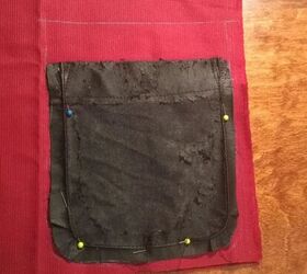 sew a patch pocket on anything elise s sewing studio, Pin old pocket to new fabric and trace