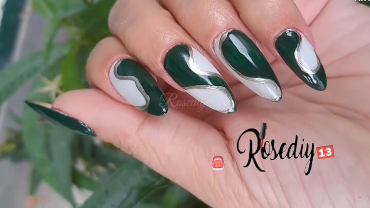 how to diy cute green and white swirl nails, Green and white swirl nails