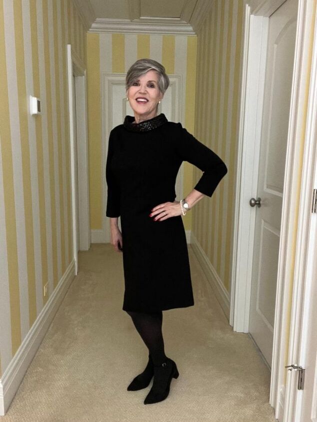 what i wore to nyc in december, My new favorite Little black dress with 3 4 sleeves a sparkly collar and black tights