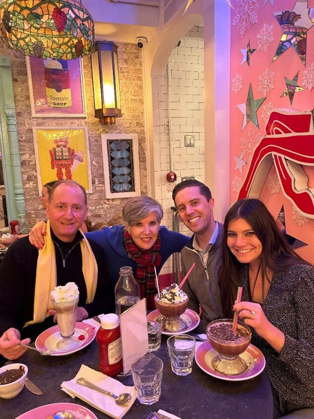 what i wore to nyc in december, Here are some of my favorite people My hubby Mr G Q my son Jake and his terrific fiancee Rachel at Serendipity for fabulous desserts
