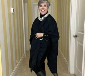 what i wore to nyc in december, I am again in the black watch poncho but you can see how I belted just the front of it with a black and silver belt This is a total view where you can also see my black riding boots