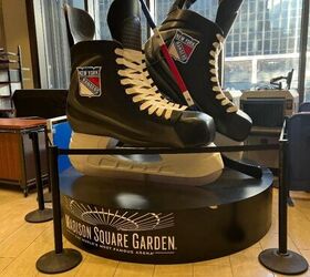 what i wore to nyc in december, These are HUGE skates at Madison Square Gardens They own the NY Rangers The skates are on a Madison Square Garden pedestal