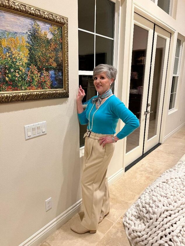 seven smart casual winter outfits and lots of fun style tips, Here is the outfit with a turquoise cashmere sweater tan wide leg trousers tan suede boots and a turquoise scarf