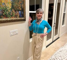 seven smart casual winter outfits and lots of fun style tips, Here is the outfit with a turquoise cashmere sweater tan wide leg trousers tan suede boots and a turquoise scarf This is a head on view