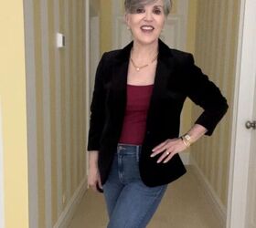 seven smart casual winter outfits and lots of fun style tips, Here is a black velvet jacket worn over a burgundy tank and mid wash jeans
