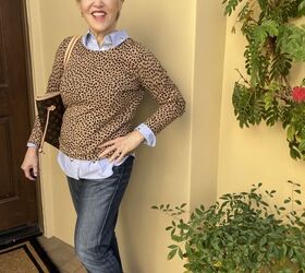 seven smart casual winter outfits and lots of fun style tips, Here is an animal print top worn over a light blue shirt with cropped straight jeans and brown booties and a brown bag