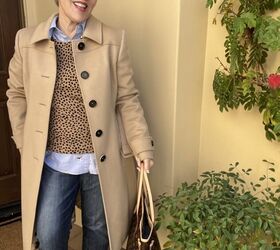 seven smart casual winter outfits and lots of fun style tips, Here is an animal print top worn over a light blue shirt with cropped straight jeans and brown booties and a brown bag I added a tan camel s hair coat