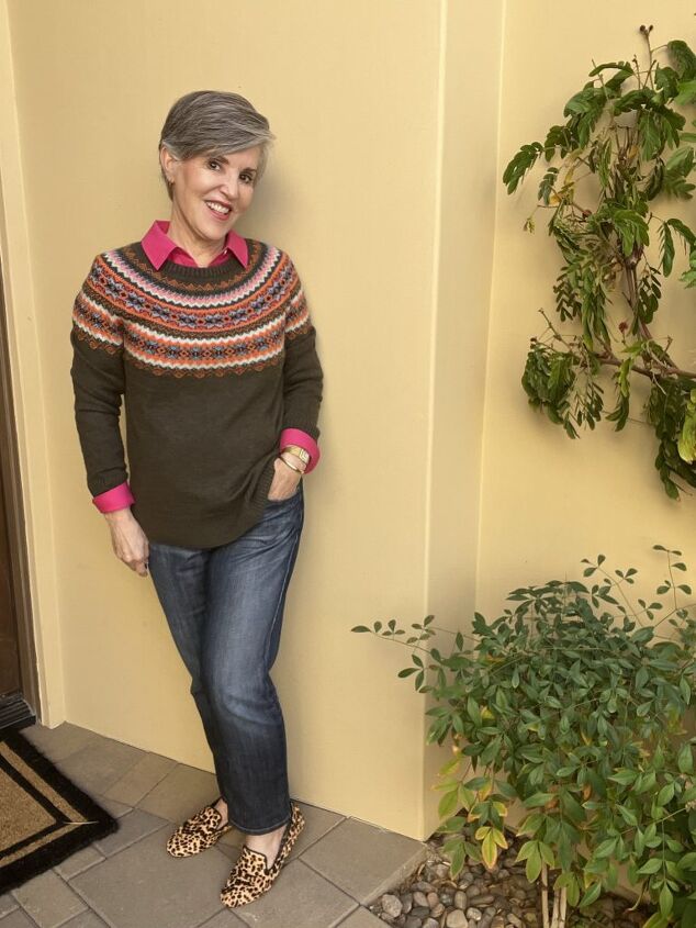 seven smart casual winter outfits and lots of fun style tips, Here I am wearing an olive Fair Isle sweater over a hot pink shirt with cropped jeans and leopard flats