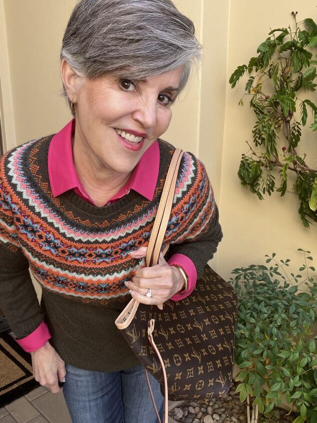 seven smart casual winter outfits and lots of fun style tips, Here I am wearing an olive Fair Isle sweater over a hot pink shirt with cropped jeans and leopard flats Here is a close up