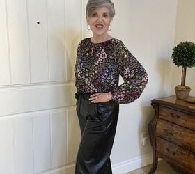 seven smart casual winter outfits and lots of fun style tips, Here I am wearing black leather wide leg pants with a dark floral top and black booties
