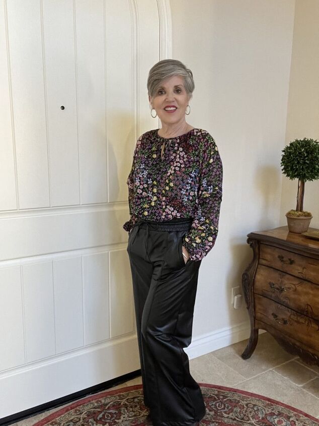 seven smart casual winter outfits and lots of fun style tips, Here I am wearing black leather wide leg pants with a dark floral top and black booties