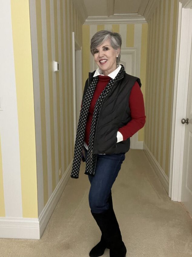 seven smart casual winter outfits and lots of fun style tips, I am wearing a black puffer vest over a red turtleneck with a white shirt underneath The cuffs and tails are peeking out I am wearing skinny jeans with a pair of high black suede boots Lastly I am sporting a men s black foulard print scarf
