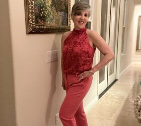 seven smart casual winter outfits and lots of fun style tips, I am wearing a pink damask print halter tops over pink narrow pants and silver sandals