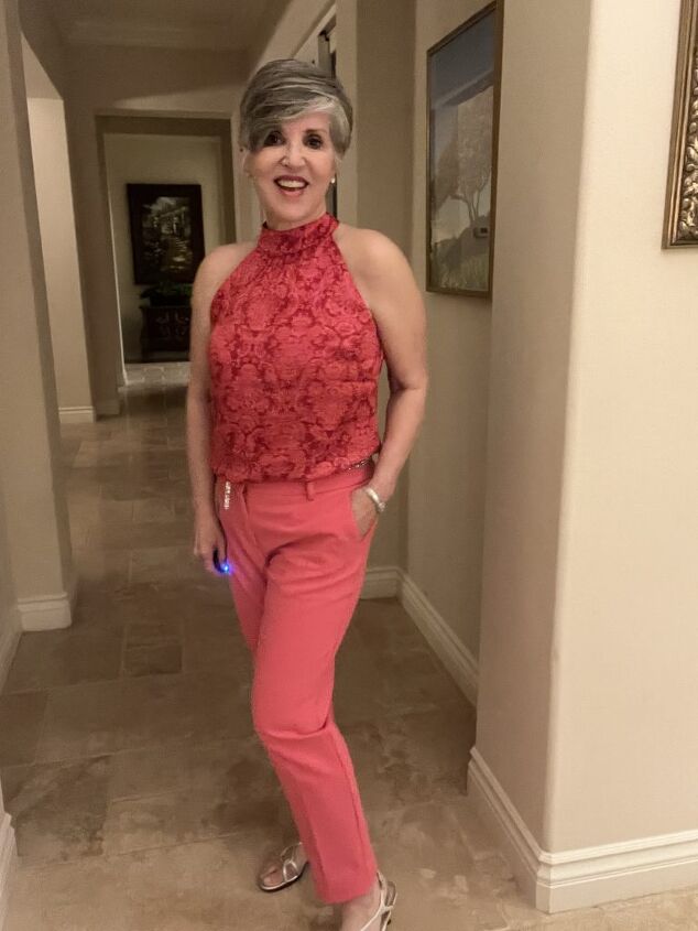 seven smart casual winter outfits and lots of fun style tips, I am wearing a pink damask print halter tops over pink narrow pants and silver sandals
