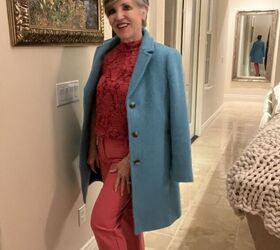 seven smart casual winter outfits and lots of fun style tips, I am wearing a pink damask print halter tops over pink narrow pants and silver sandals I am out to dinner with Mr G Q and my friend Irena I put a turquoise boucle coat over the outfit