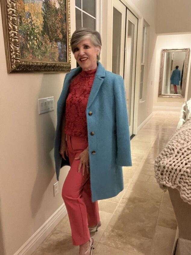 seven smart casual winter outfits and lots of fun style tips, I am wearing a pink damask print halter tops over pink narrow pants and silver sandals I am out to dinner with Mr G Q and my friend Irena I put a turquoise boucle coat over the outfit